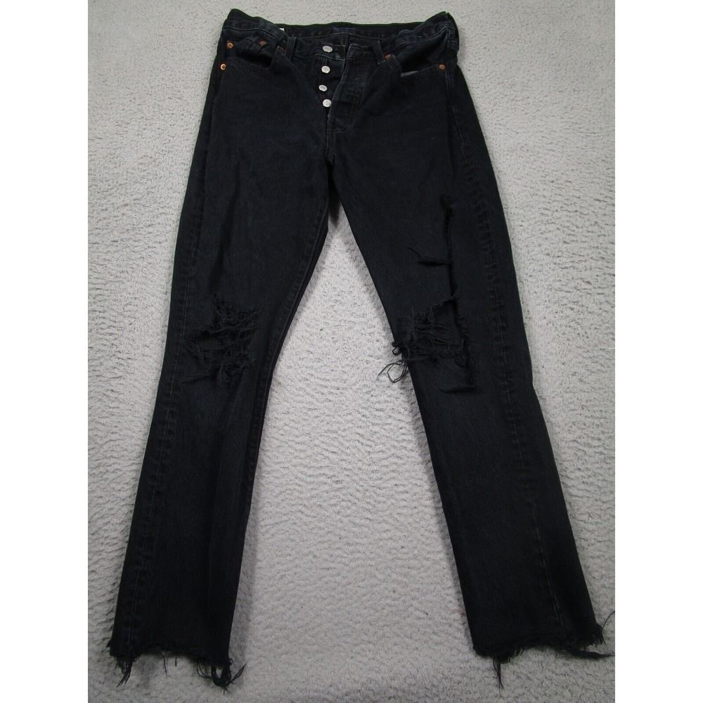 Levis 501 Jeans Womens 29 Black Button Fly Distressed Denim Cotton